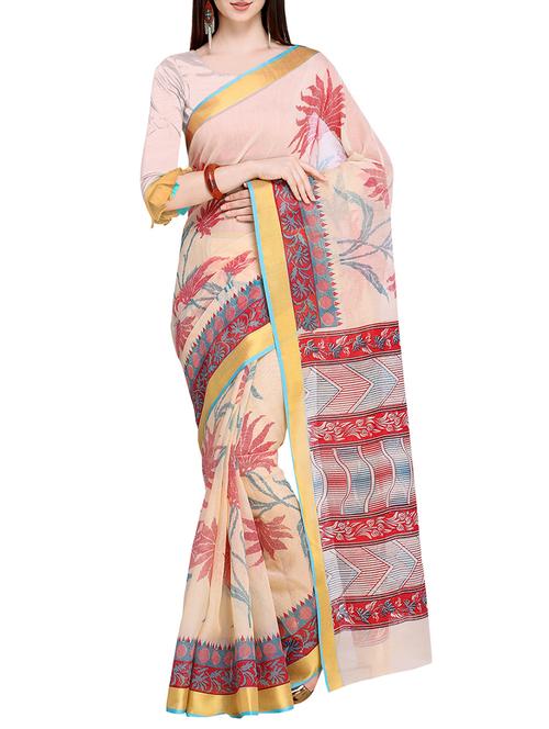 zari border floral printed saree with blouse - 15710169 - Very Small Image - 1