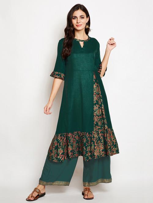 teal foil print a-line kurta - 15718815 - Very Small Image - 1