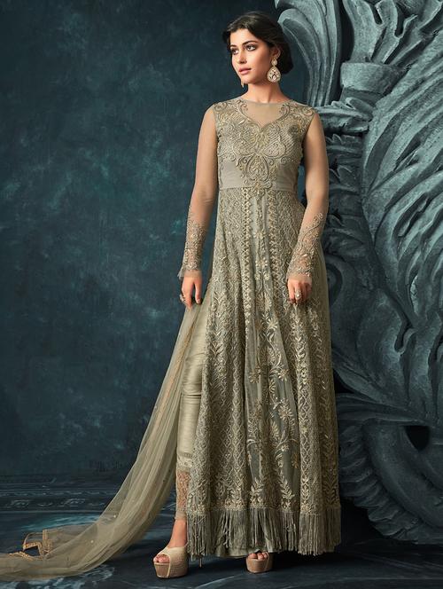 tonal embroidered kalidaar suit with fringes - 15720476 - Very Small Image - 1