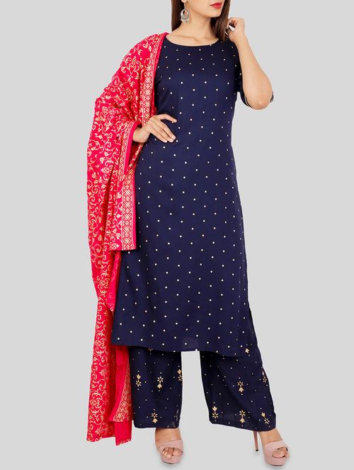 foil print straight kurta plazzo set - 15724124 - Very Small Image - 1