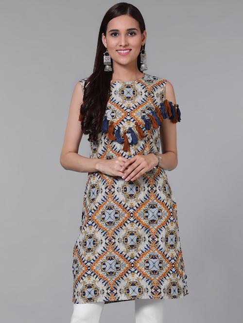 printed straight kurta with tassels - 15726009 - Very Small Image - 1