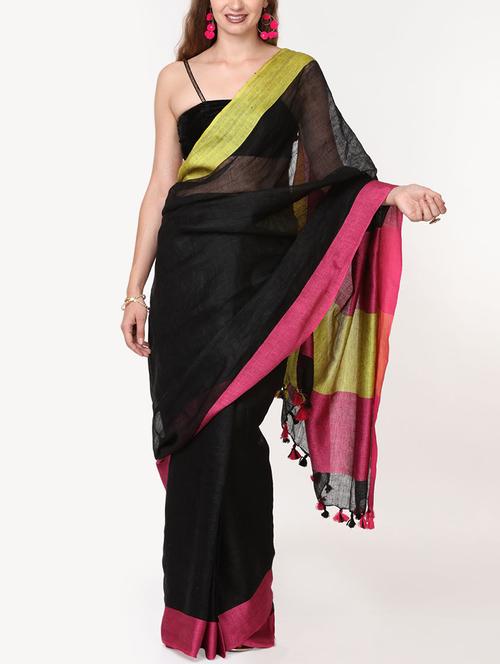 contrast border linen handloom saree with blouse - 15728559 - Very Small Image - 1