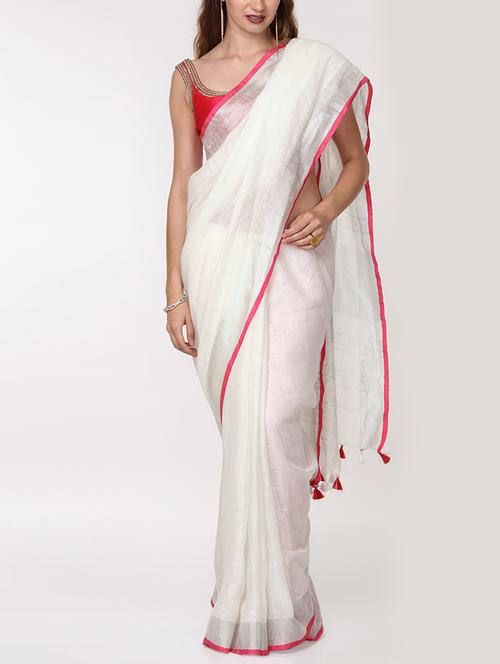white linen handloom saree with blouse - 15728567 - Very Small Image - 1