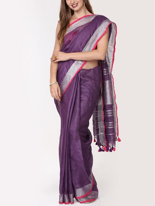 contrast border linen handloom saree with blouse - 15728569 - Very Small Image - 1