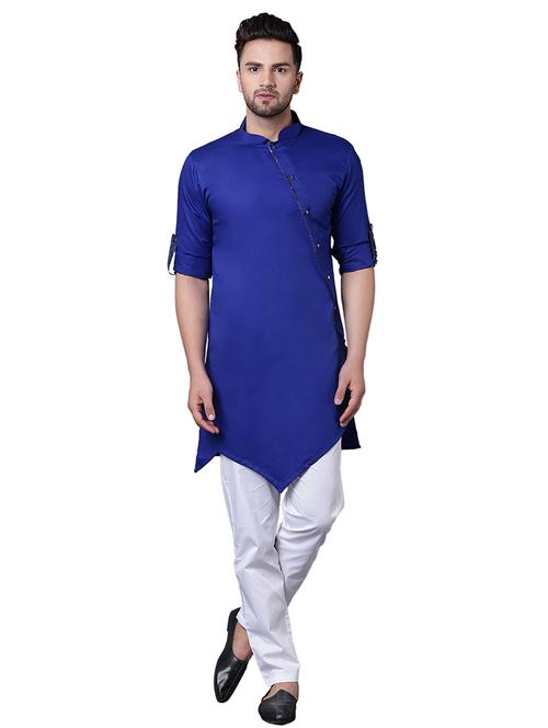 blue cotton asymmetric kurta pyjama set - 15729241 - Very Small Image - 1