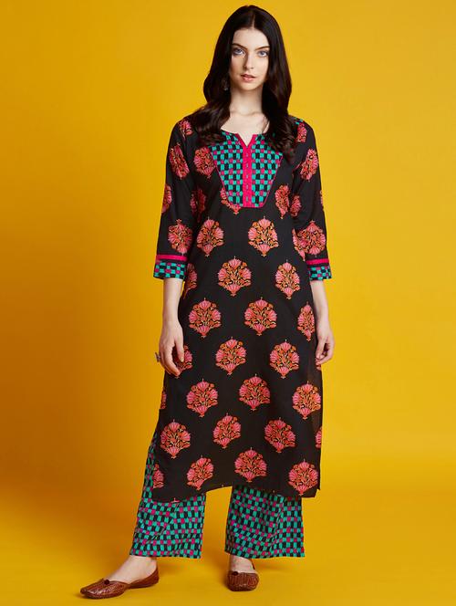 printed straight kurta with palazzo set - 15729330 - Very Small Image - 1