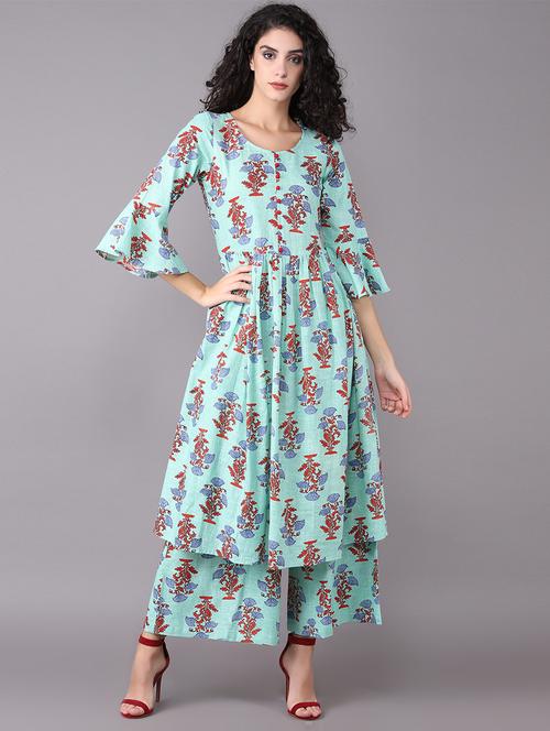 printed bell sleeved kurta with palazzo set - 15731809 - Very Small Image - 1