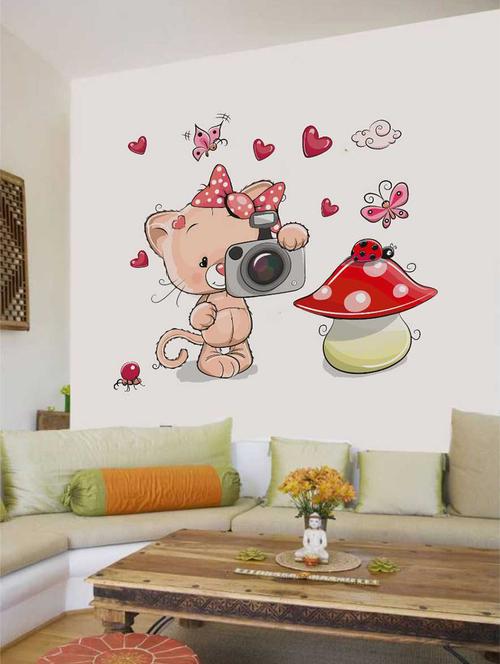 rawpockets wall decals ' cat and mushroom' wall decal sticker '  wall stickers (pvc vinyl) multicolour - 15733480 - Very Small Image - 1