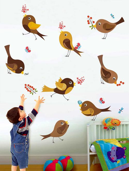 rawpockets wall decals ' cute bird and its action' wall decal sticker '  wall stickers (pvc vinyl) multicolour - 15733488 - Very Small Image - 1