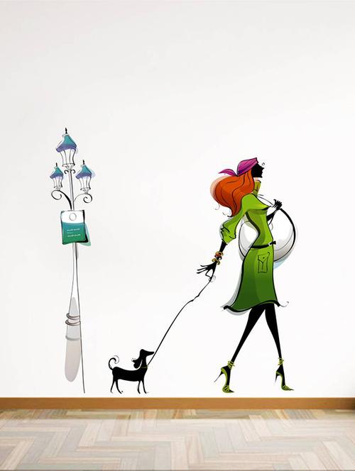 rawpockets wall decals ' lady with dog '  wall stickers (pvc vinyl) multicolour - 15733753 - Very Small Image - 1