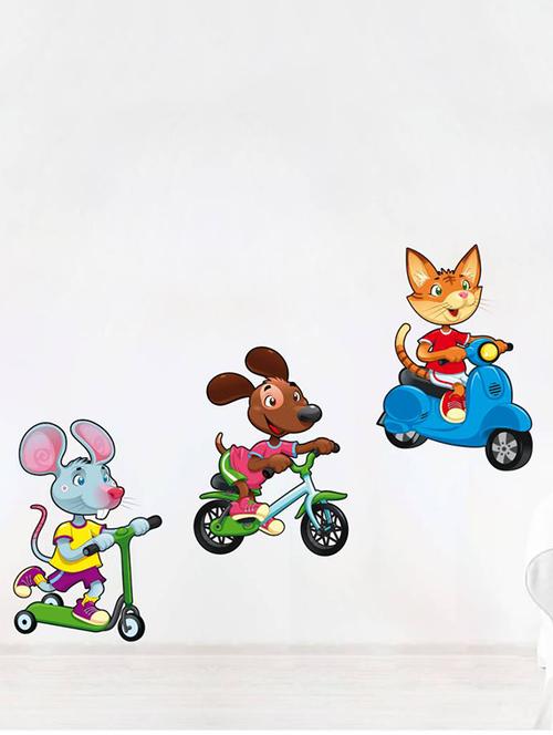 rawpockets wall decals ' kids room : pet animals riding vehicles '  wall stickers (pvc vinyl) multicolour - 15733851 - Very Small Image - 1