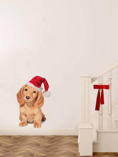 rawpockets wall decals ' dog with christmas cap '  wall stickers (pvc vinyl) multicolour - 15733903 - Very Small Image - 1
