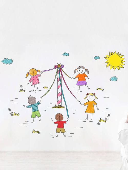 rawpockets wall decals ' kids playing line art - kid's room '  wall stickers (pvc vinyl) multicolour - 15734001 - Very Small Image - 1