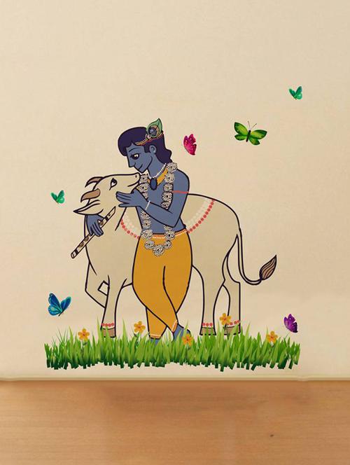 rawpockets wall decals ' lord krishna and cow nature '  wall stickers (pvc vinyl) multicolour - 15734133 - Very Small Image - 1