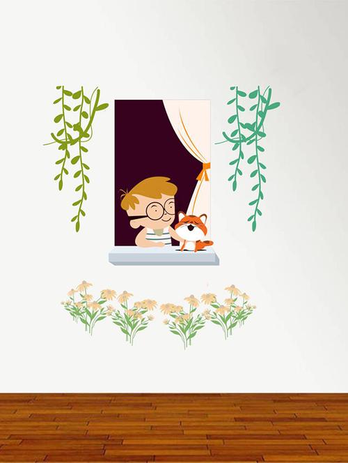 rawpockets wall decals ' boy and cat window seeing '  wall stickers (pvc vinyl) multicolour - 15734180 - Very Small Image - 1