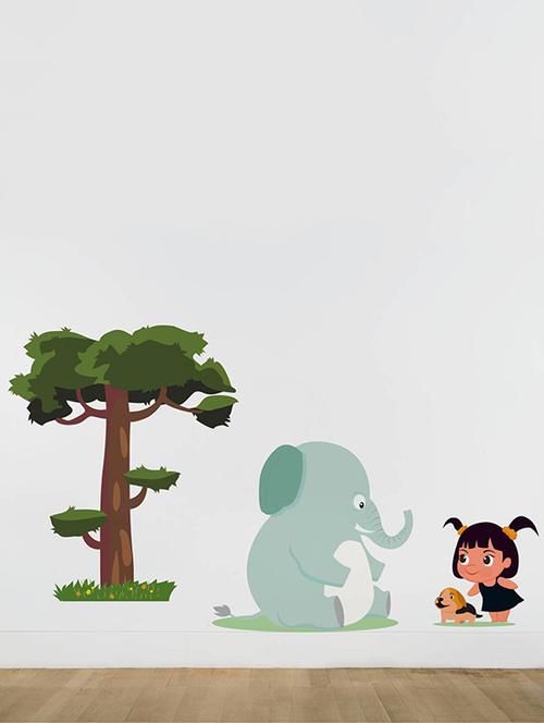 rawpockets wall decals ' elephant tree and kids '  wall stickers (pvc vinyl) multicolour - 15734186 - Very Small Image - 1
