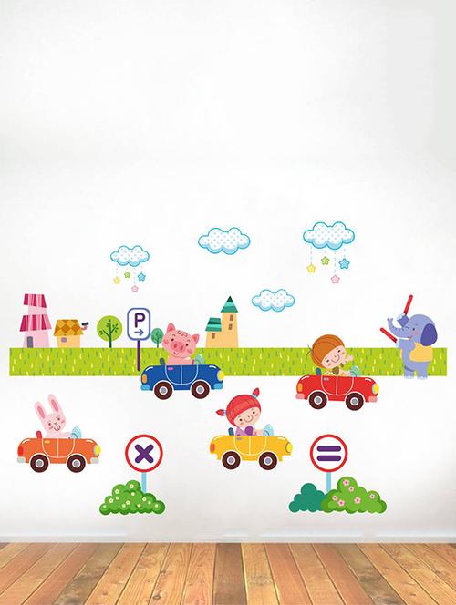 rawpockets wall decals ' animals and kids car parking '  wall stickers (pvc vinyl) multicolour - 15734192 - Very Small Image - 1