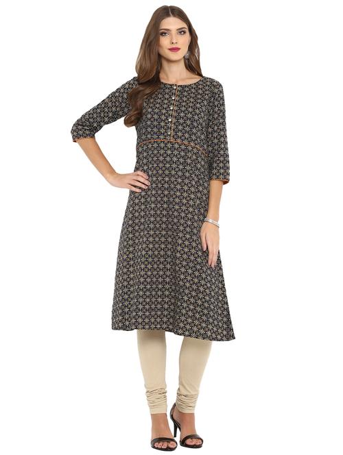 printed piping a-line kurta - 15740343 - Very Small Image - 1