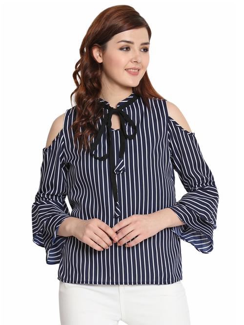 cold shoulder tie-up detail striped top - 15740550 - Very Small Image - 1