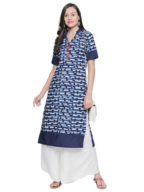 indigo printed straight kurta with tassels - 15741232 - Very Small Image - 1