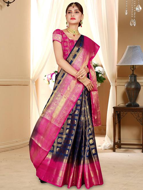 conversational zari motif banarasi saree with blouse - 15743837 - Very Small Image - 1