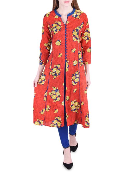 printed piping a-line kurta - 15747248 - Very Small Image - 1