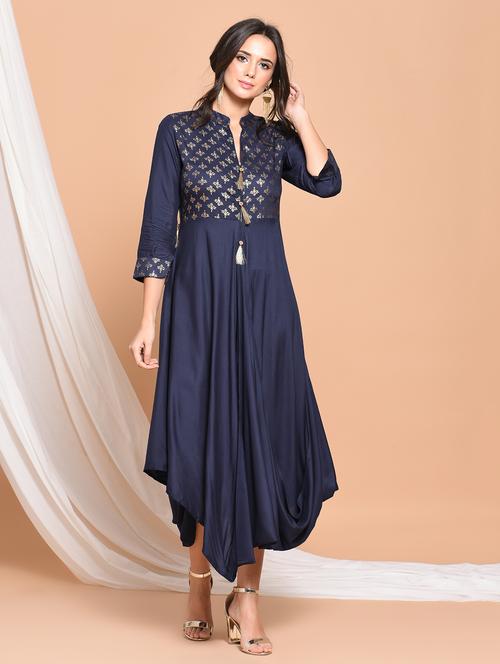 foil print cowl ethnic dress with tassels - 15748436 - Very Small Image - 1