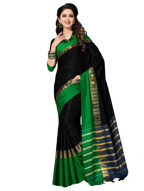 contrast temple border tussar saree with blouse - 15751613 - Very Small Image - 1