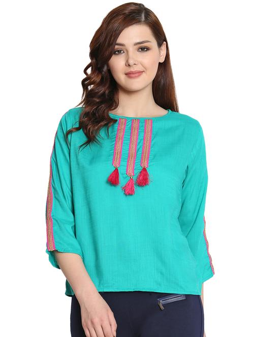 tassel lace detail boat neck top - 15752250 - Very Small Image - 1