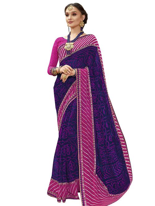 contrast mirror border bandhani saree with blouse - 15753010 - Very Small Image - 1