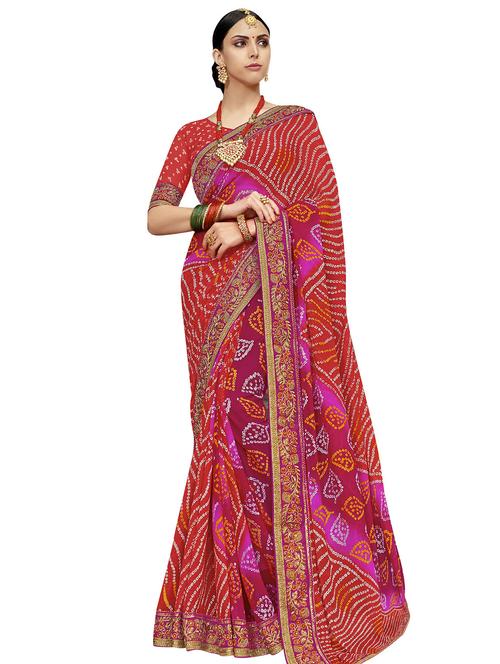 floral lace border bandhani saree with blouse - 15753011 - Very Small Image - 1