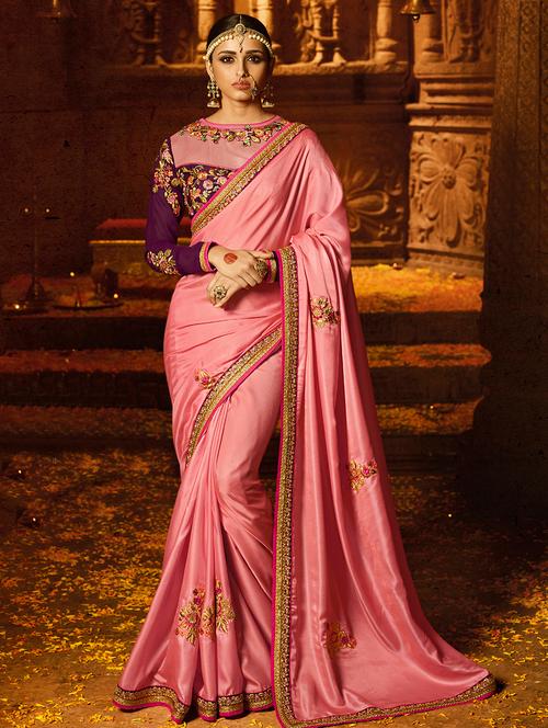floral embroidered pink saree with blouse - 15754422 - Very Small Image - 1