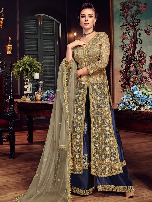 embroidered front slit kurta palazzo suit - 15754556 - Very Small Image - 1
