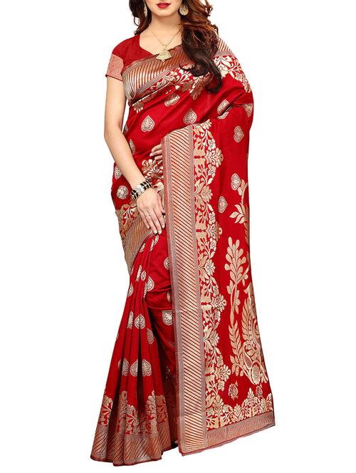 floral zari motif banarasi saree with blouse - 15758027 - Very Small Image - 1