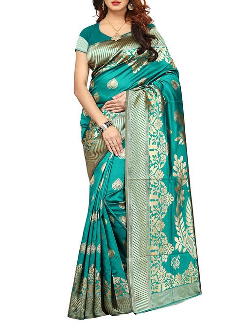 zari motif turquoise banarasi saree with blouse - 15758030 - Very Small Image - 1