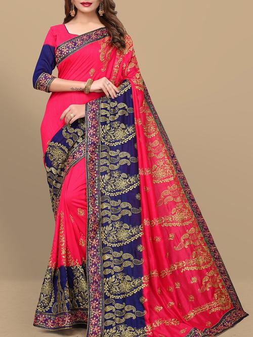 contrast border paisley embroidered saree with blouse - 15761955 - Very Small Image - 1