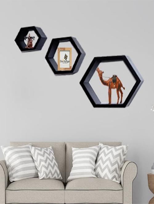 desi karigar fancy 3 pcs hexagonal wooden wall shelf black - 15765348 - Very Small Image - 1