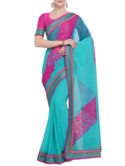 printed panel solid saree with blouse - 15765420 - Very Small Image - 1