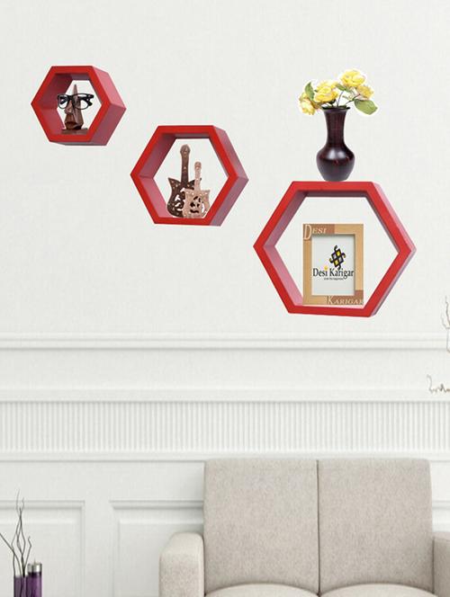 desi karigar wall mount shelves hexagon shape set of 3 wall shelves red - 15765697 - Very Small Image - 1