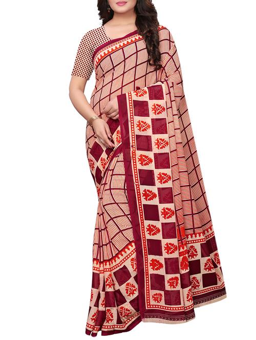 checkered ethnic motif printed saree with blouse - 15766114 - Very Small Image - 1