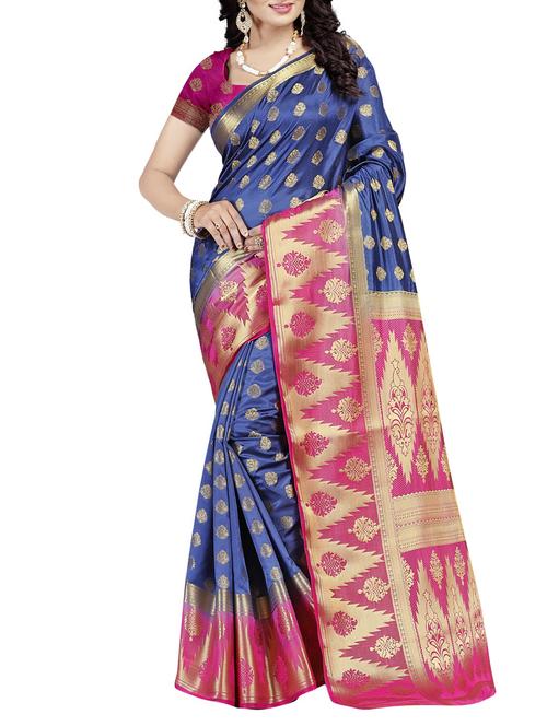 ethnic zari motif temple border saree with blouse - 15767003 - Very Small Image - 1