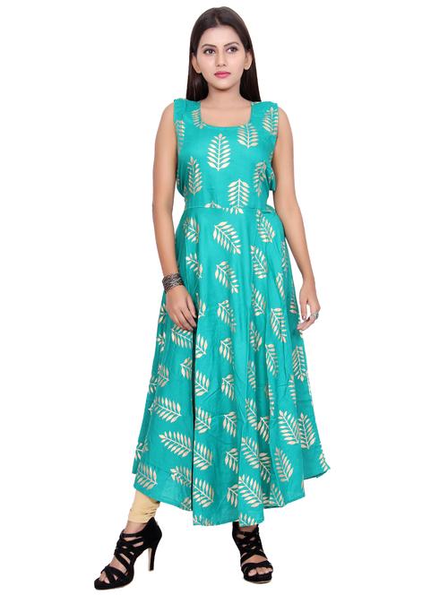 turquoise foil print flared kurta - 15770870 - Very Small Image - 1