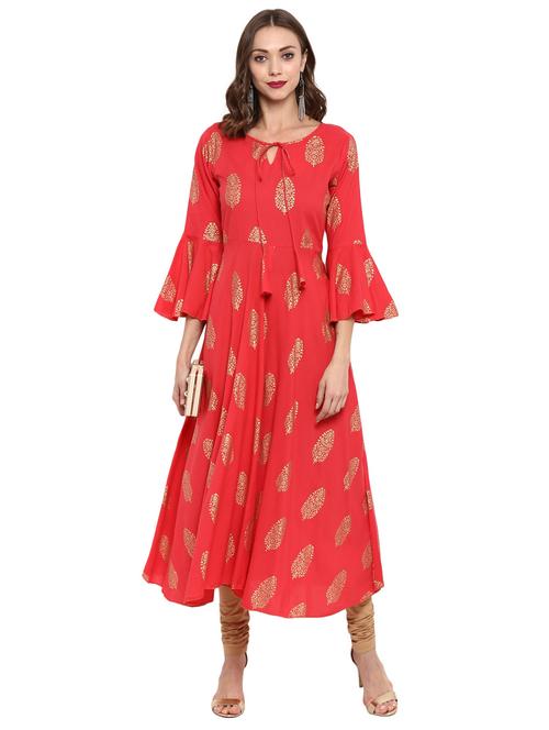 foil print bell sleeves flared kurta - 15772327 - Very Small Image - 1