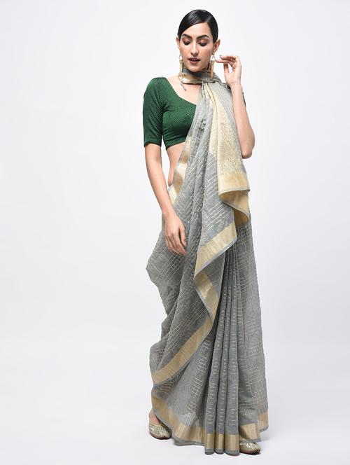 zari checked handloom saree with blouse - 15773756 - Very Small Image - 1