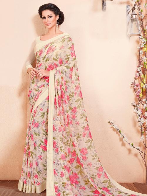 floral printed saree with blouse - 15777006 - Very Small Image - 1