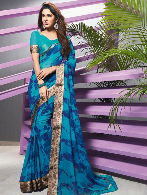 contrast border printed saree with blouse - 15777017 - Very Small Image - 1
