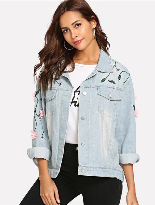 floral patch embroidered denim jacket - 15779250 - Very Small Image - 1