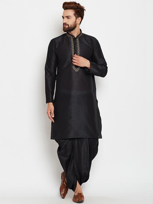 black silk blend embroidered dhoti kurta set - 15781700 - Very Small Image - 1
