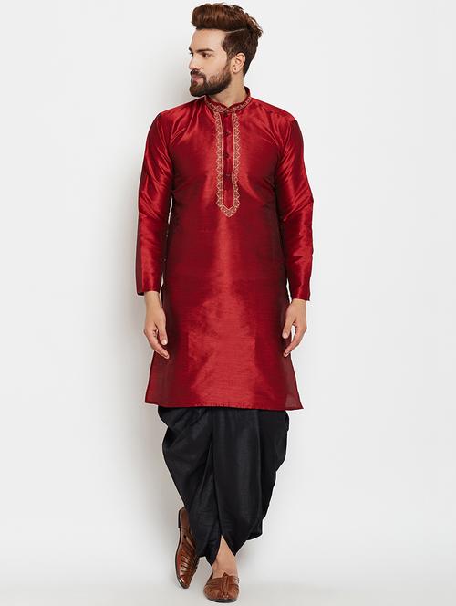 maroon silk blend embroidered dhoti kurta set - 15781716 - Very Small Image - 1