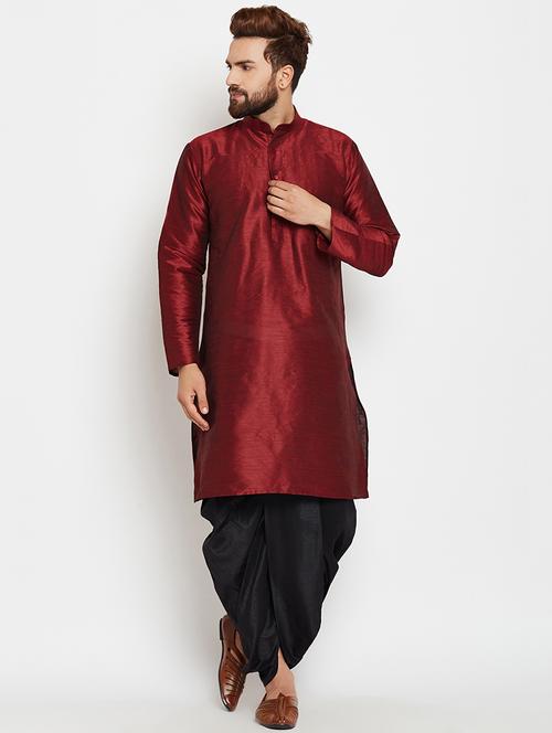 maroon silk blend dhoti kurta set - 15781718 - Very Small Image - 1
